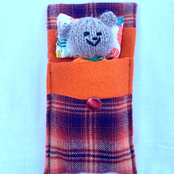 Companion bear, mini hand knitted bear in bed
