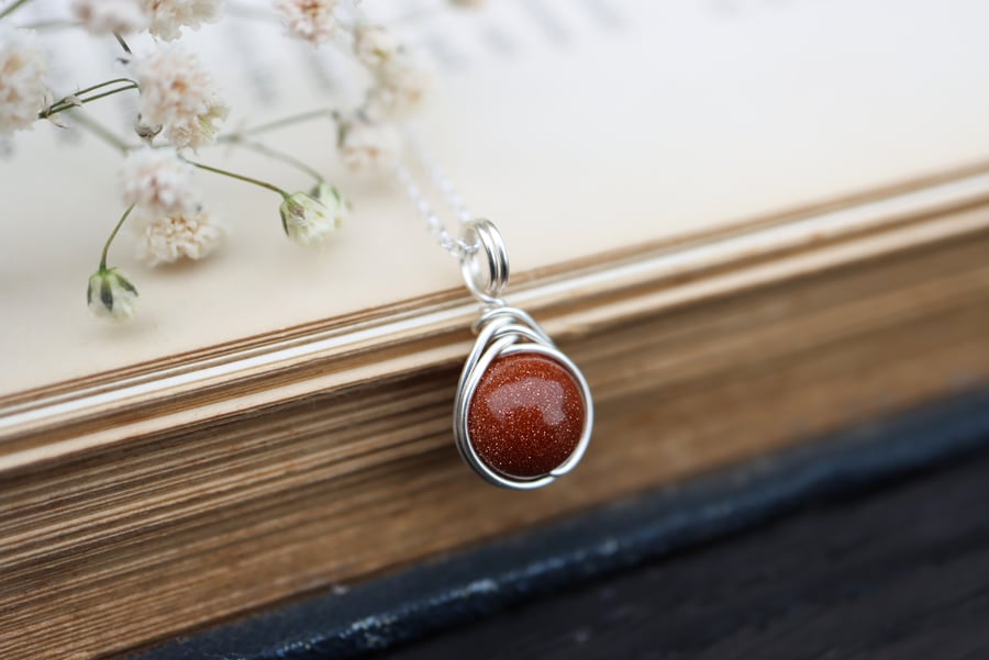 Goldstone Necklace Wire Wrapped in Sterling Silver