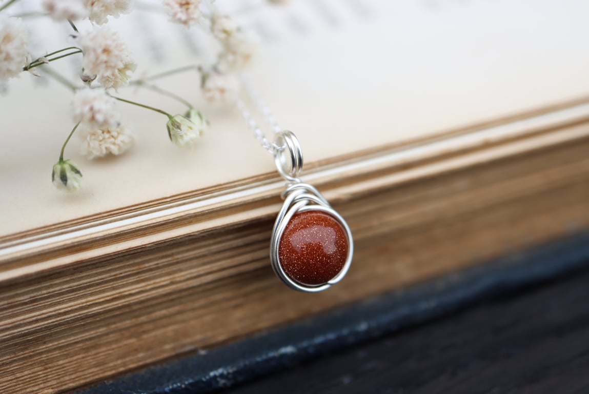 Goldstone Necklace Wire Wrapped in Sterling Silver