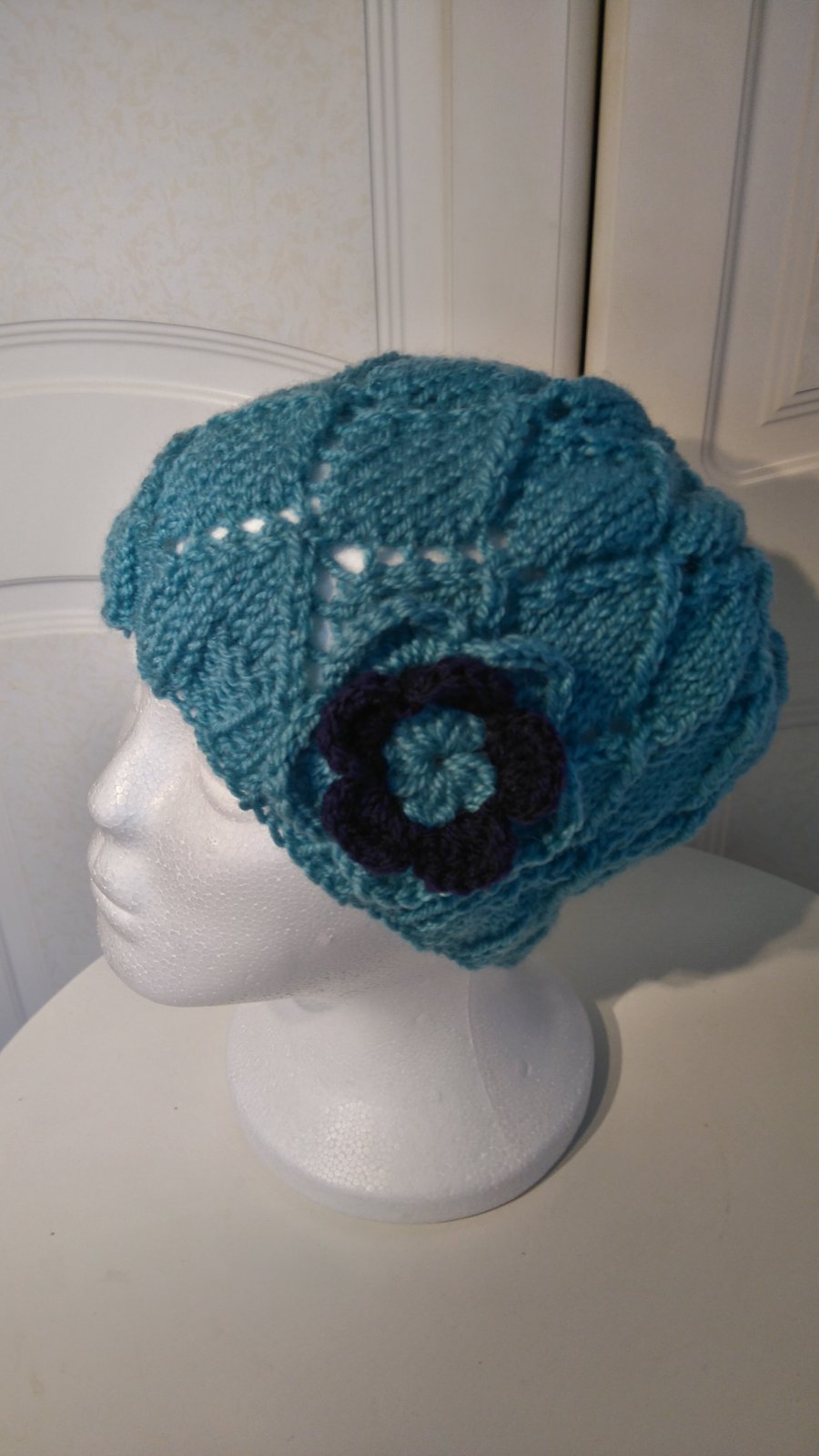 Turquoise Blue Handknitted Diamond Lace Feminine Hat with crochet Flower