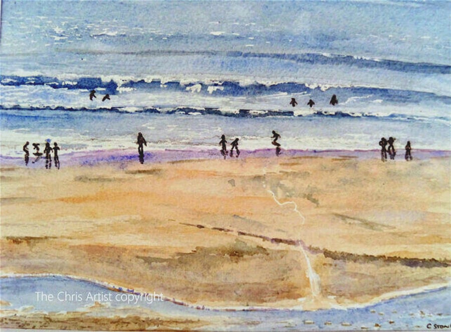 A sunny day on Perranuthnoe Beach, Cornwall original watercolour painting