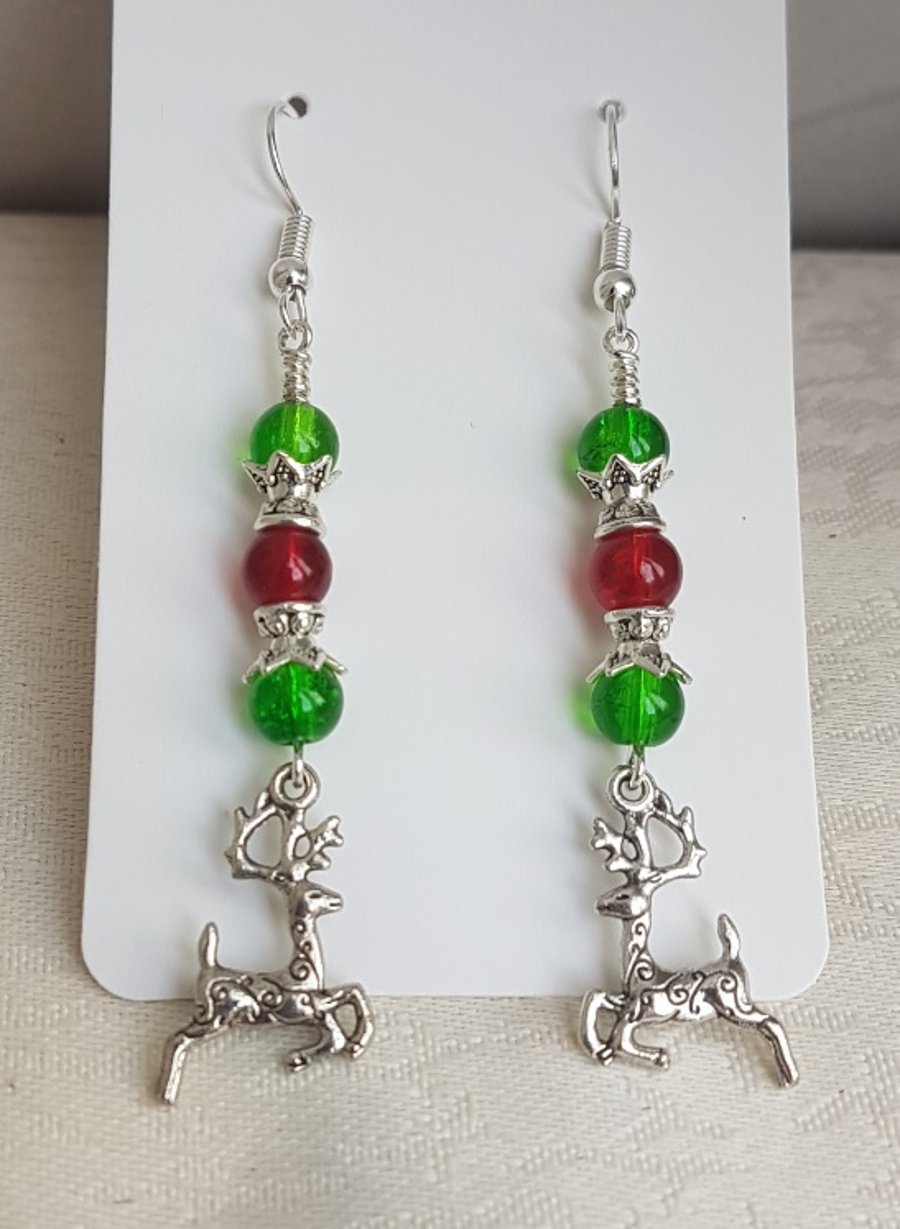 Festive Green and Red Glass Earrings with Reindeer Charms.