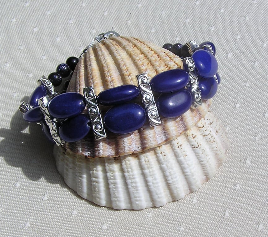 Blue Jade & Blue Goldstone (Sandstone) Gemstone Beaded Bracelet