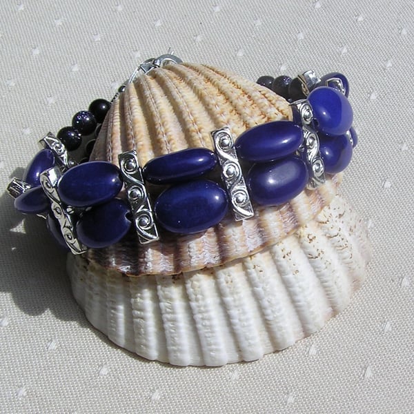 Blue Jade & Blue Goldstone (Sandstone) Gemstone Beaded Bracelet