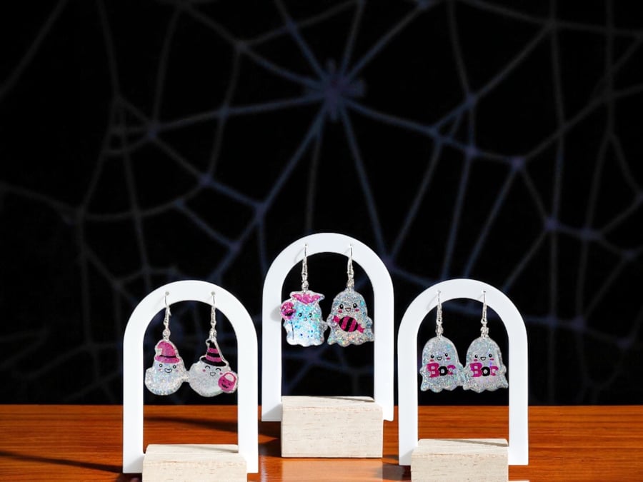 Halloween Ghost Earrings, Glitter Resin Dangle Jewelry, Cute Spooky Season gift