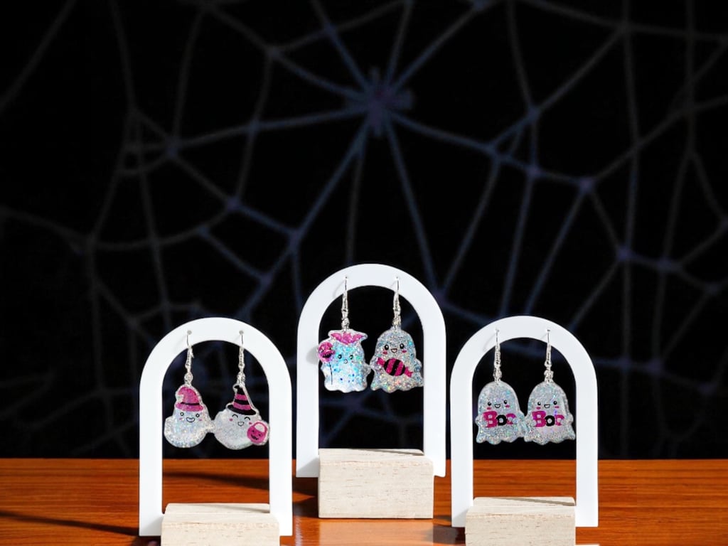 Halloween Ghost Earrings, Glitter Resin Dangle Jewelry, Cute Spooky Season gift