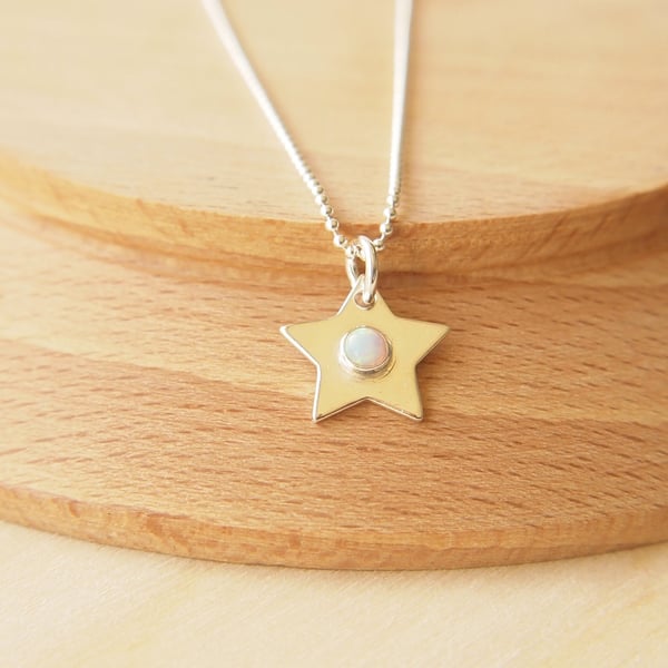 Silver Star Pendant with October Birthstone with Lab Opal