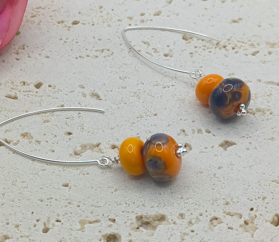 Orange Lampwork Glass Earrings, Sterling Silver Earrings, 925 Jewellery, Hallowe