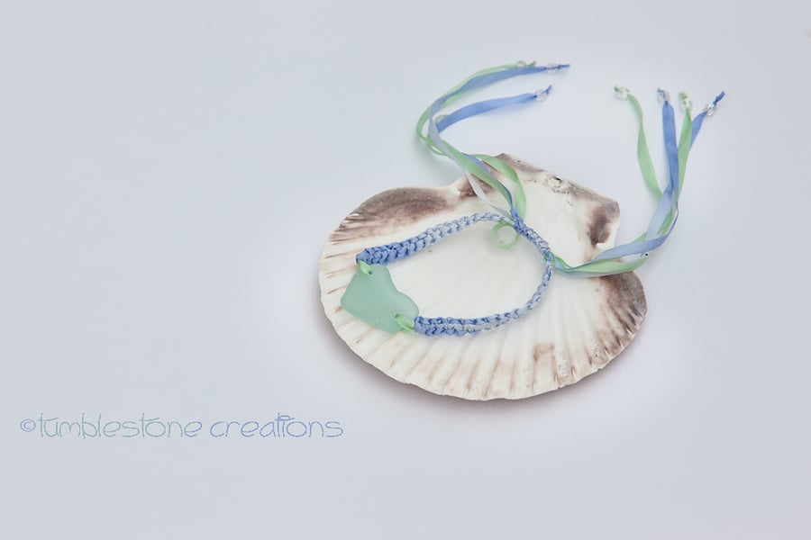 Aqua Sea Glass Heart, blue variegated and green silk macrame bracelet 