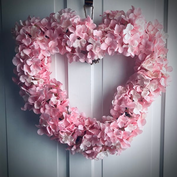 Pretty handmade heart shape grapevine wreath artificial pink hydrangeas 45cm app