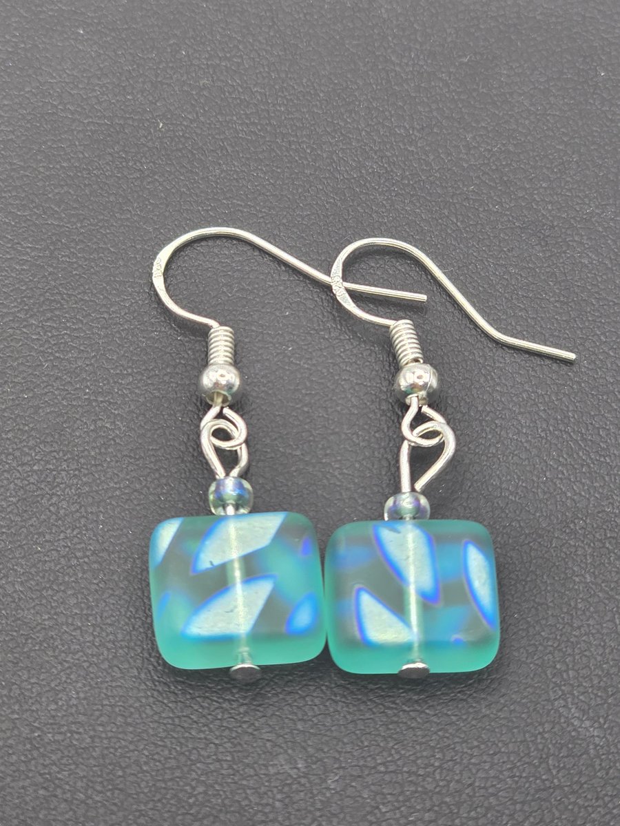 Green peacock Czech glass earrings