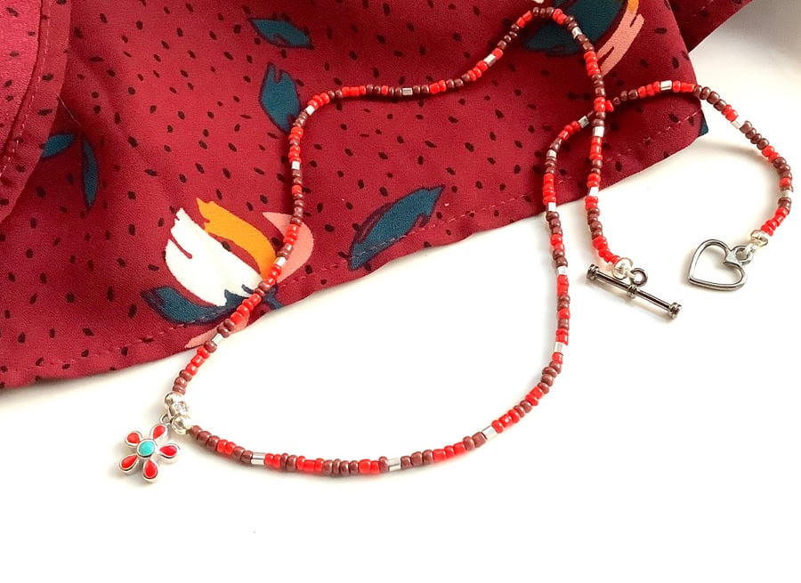 Pretty bead necklace, Red silver flower pendant, 925 silver charm, minimalist