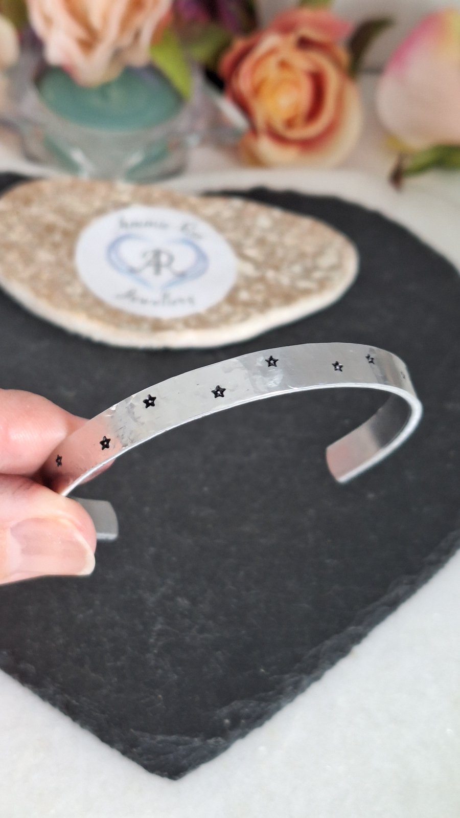 XS silver scattered stars handstamped aluminium cuff