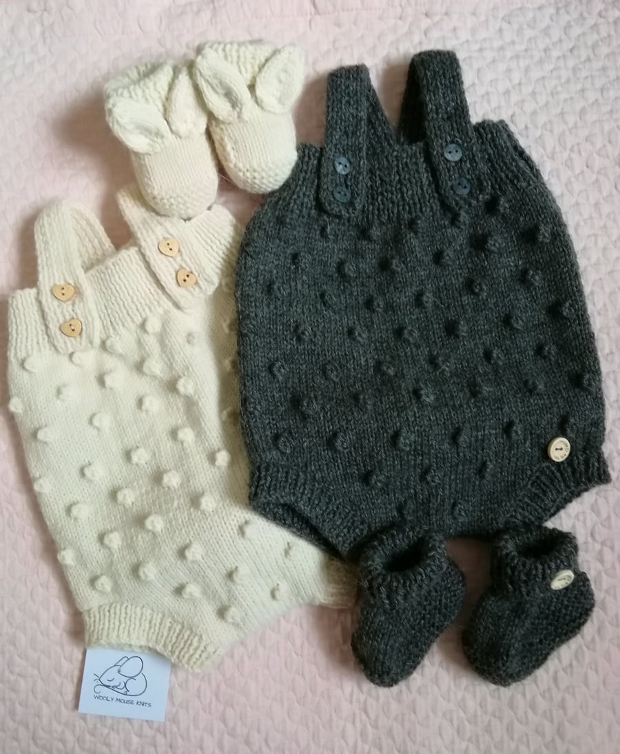Hand knitted bunny bodysuit, romper and booties