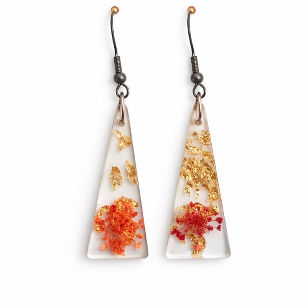 Orange Flower Resin Triangle Earrings with Gold Leaf – Lightweight Dangles