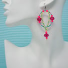 Statement Bright Neon Hot Pink and Turquoise Beaded Dangle Earrings