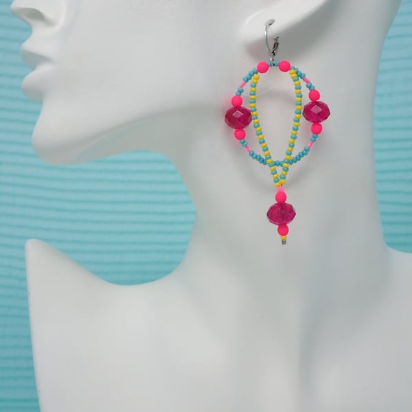 Statement Bright Neon Hot Pink and Turquoise Beaded Dangle Earrings