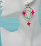 Statement Bright Neon Hot Pink and Turquoise Beaded Dangle Earrings - Image 3