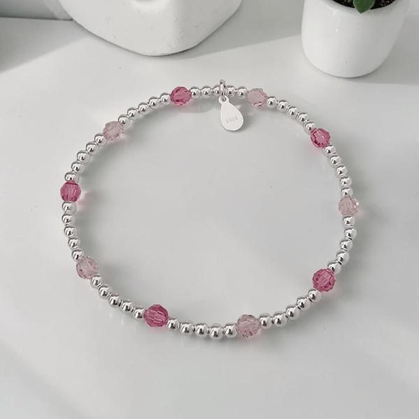 Sterling Silver and Pink Crystal Beaded Stretch Bracelet 