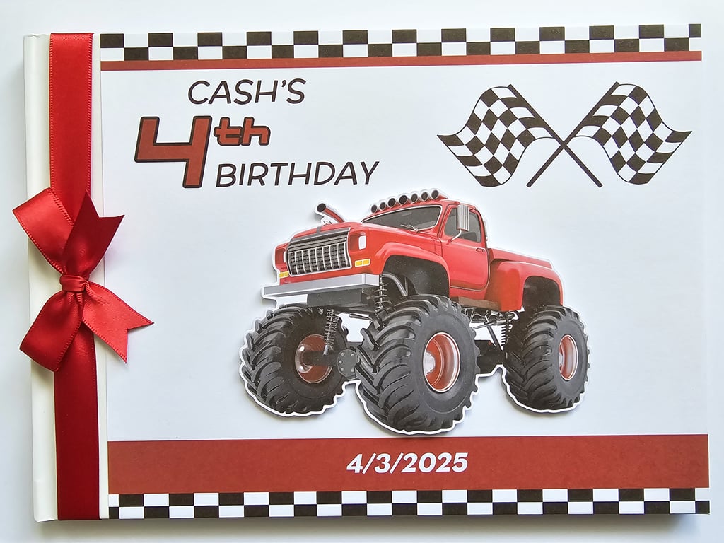 Monster trucks boys Birthday Guest book, red monster trucks birthday book