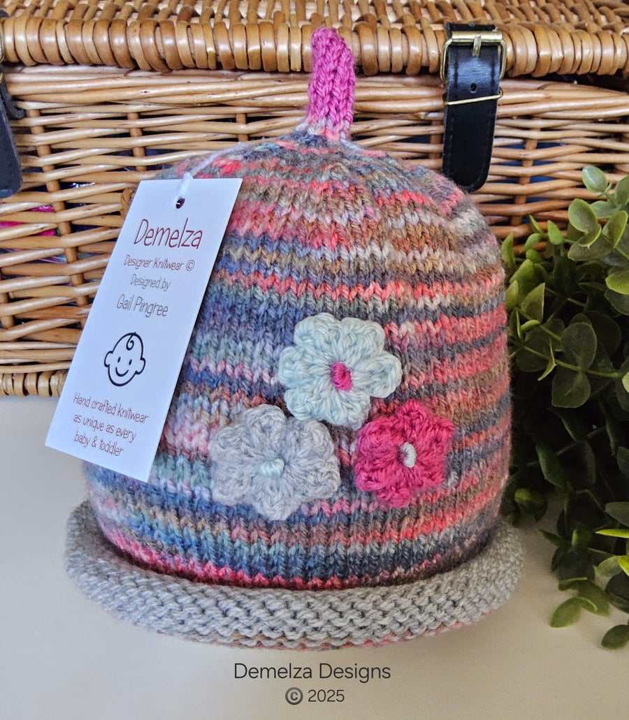 Designer Hand Knitted Toddler's Flower Beanie Hat  2-3 years size