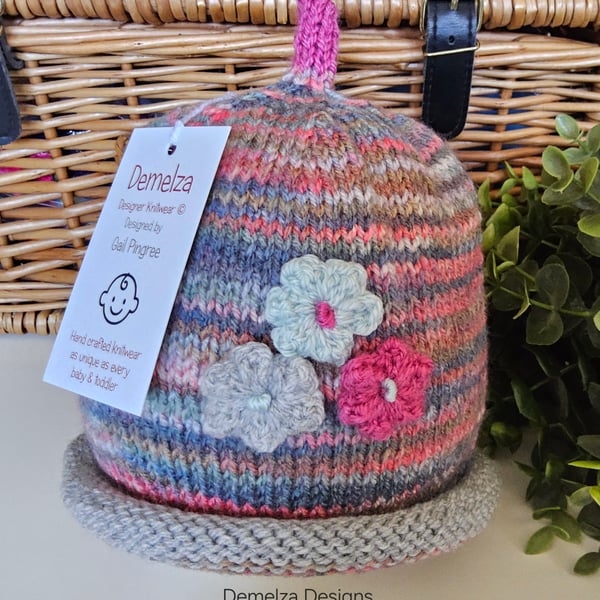 Designer Hand Knitted Toddler's Flower Beanie Hat  2-3 years size