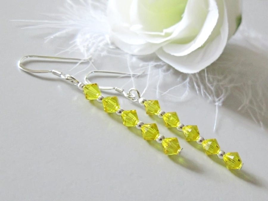Slim Canary Yellow Crystal Earrings With Sterling Silver