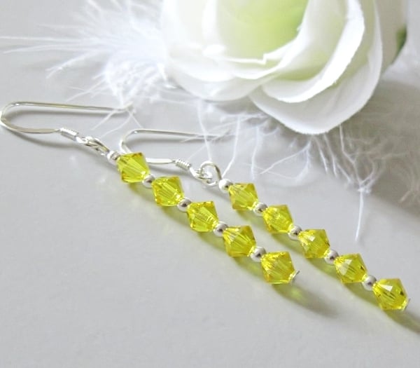 Slim Canary Yellow Crystal Earrings With Sterling Silver