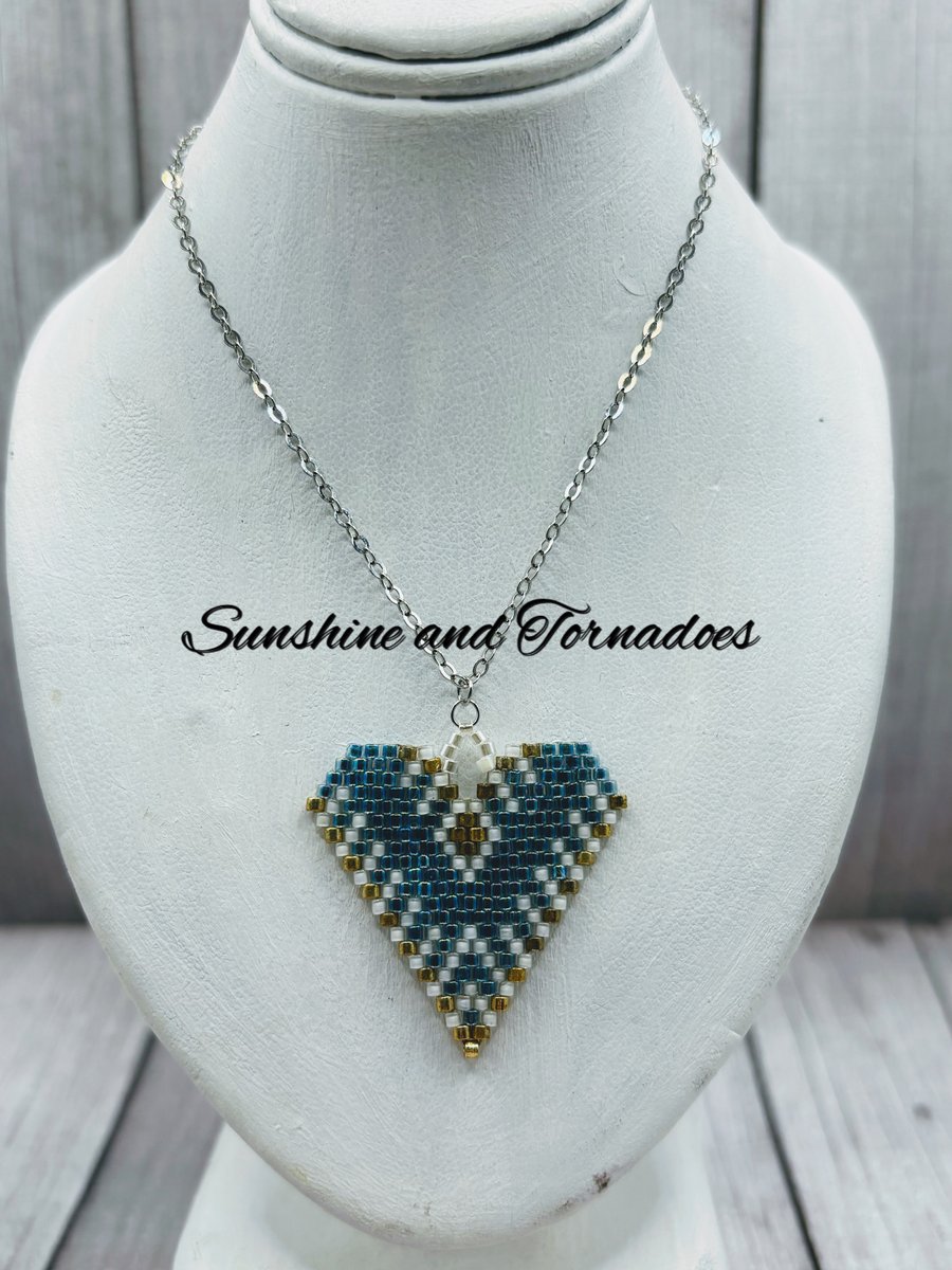 Beadwork Heart Pendant - Marina - Handmade