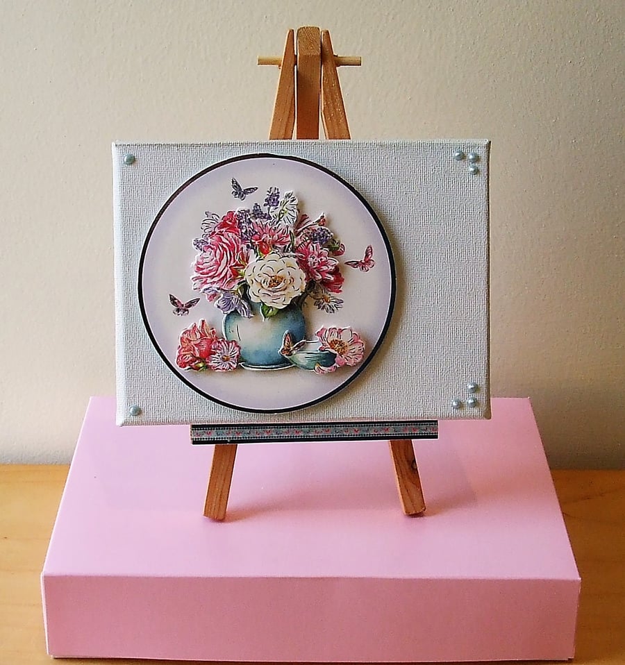 Mixed Media Canvas, Pink and White Flowers