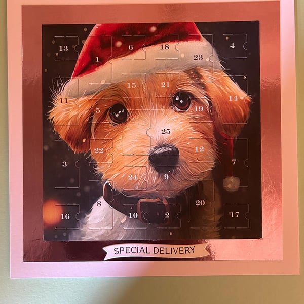 Puppy eyes at Christmas Advent Calendar Card Handmade 8 inch square card, Santa 