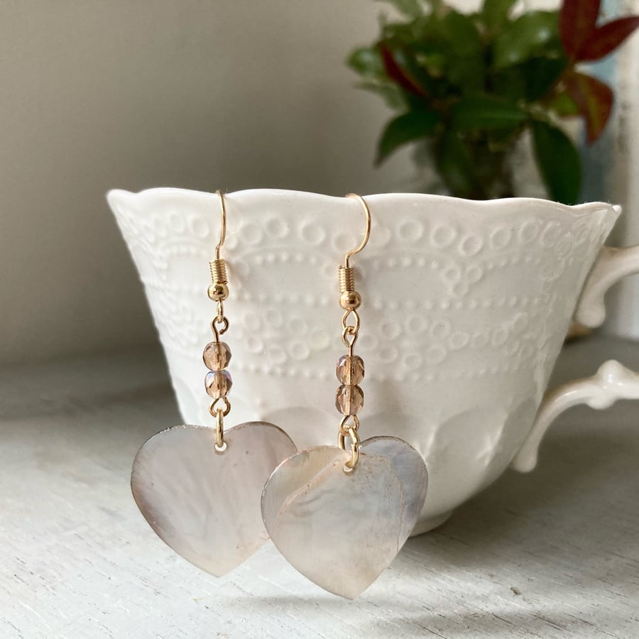 Shell Heart Gold Earrings, with topaz crystals