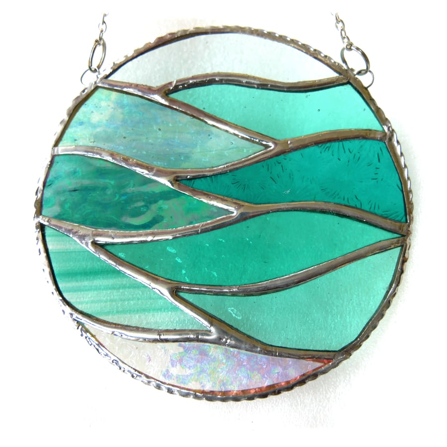 Making Waves Teal Stained Glass Suncatcher Handmade Ring Sea