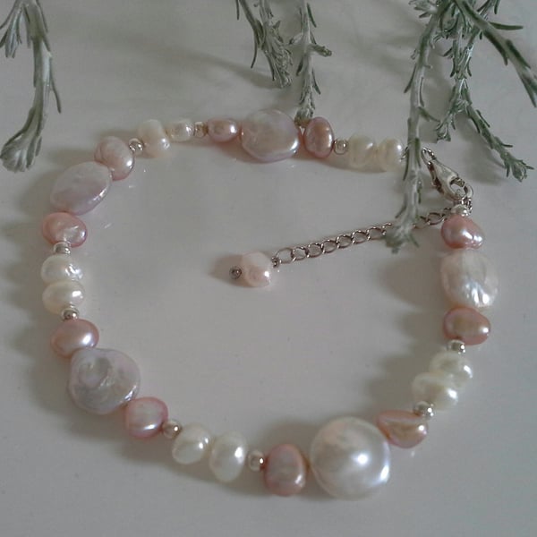 Freshwater Coin & Baroque Culture Pearl Sterling Silver Bracelet