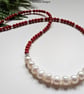Red Bamboo Coral & Baroque Freshwater Culture Pearl Sterling Silver Necklace  - Image 7