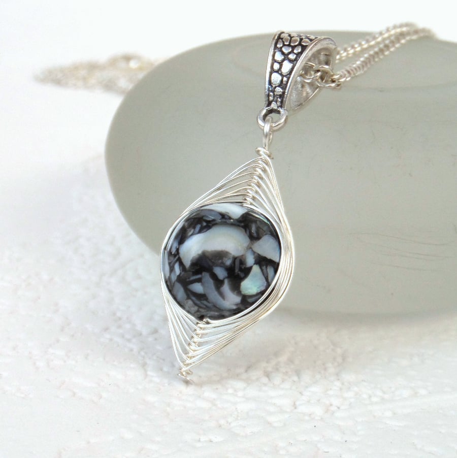Black shell necklace, wire wrapped necklace
