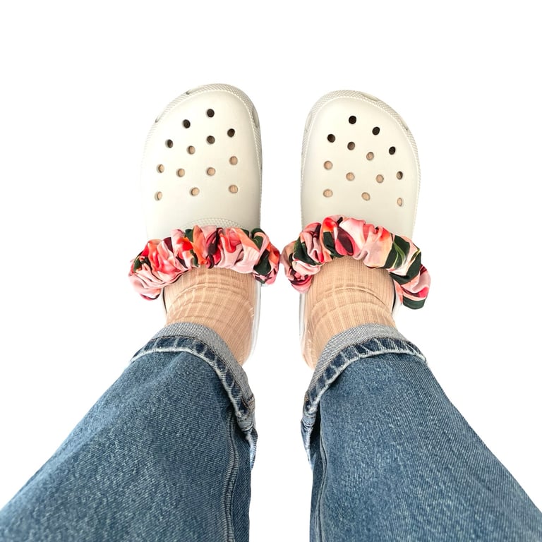 Colourful Clog Scrunchies Cronchies Trendy Pink Fabric Rubber Shoe Charms 