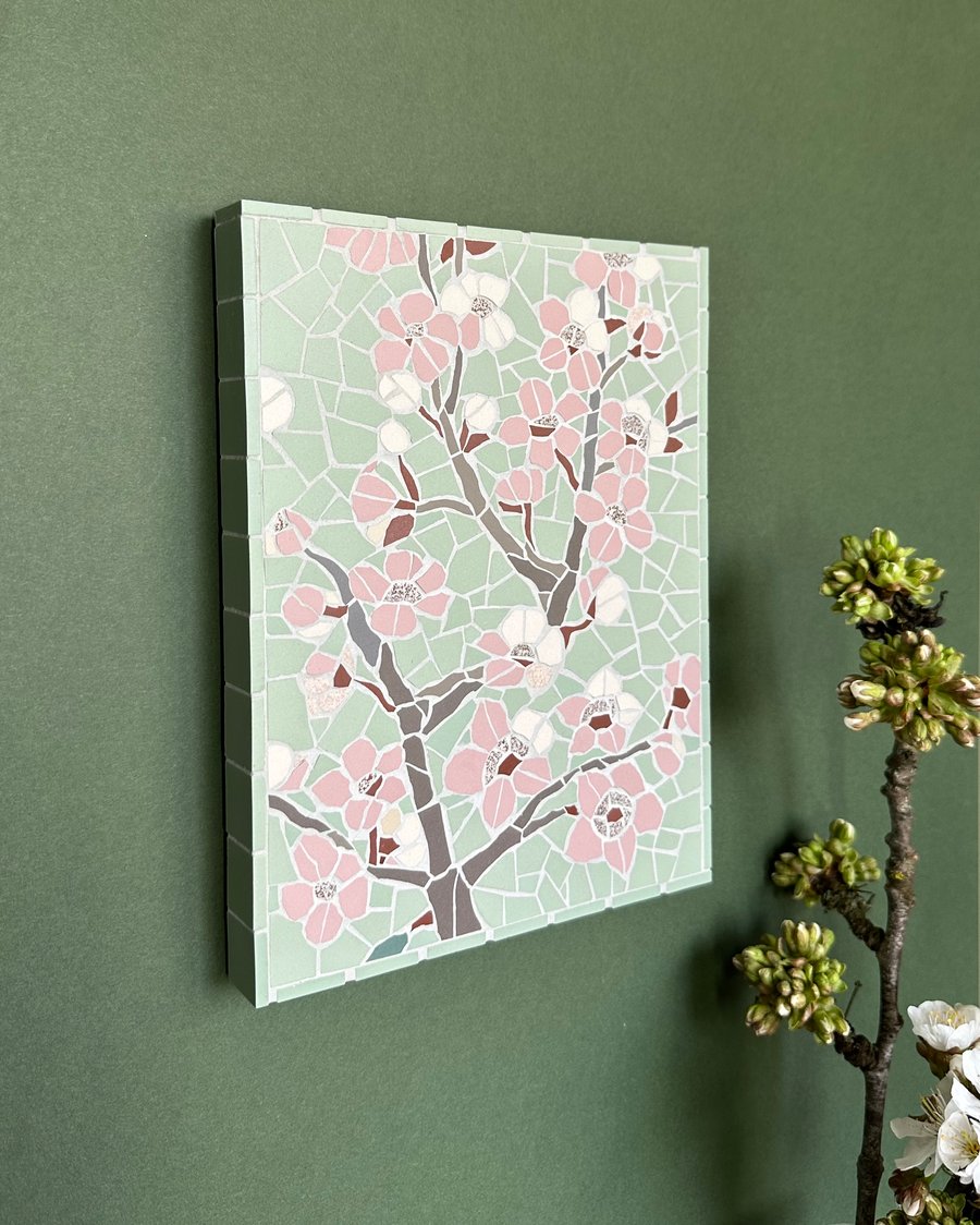 Mosaic Floral Art - Cherry Blossom Mosaic Wall Plaque in Pink and Pistachio 