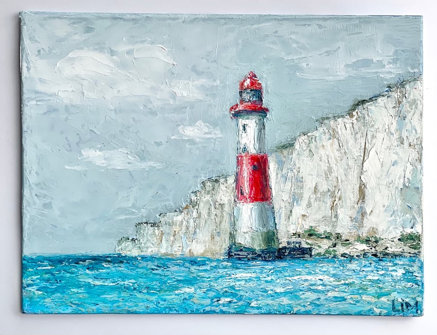 Lighthouse Painting Seven Sisters Original Art English Countryside Impasto Artwo