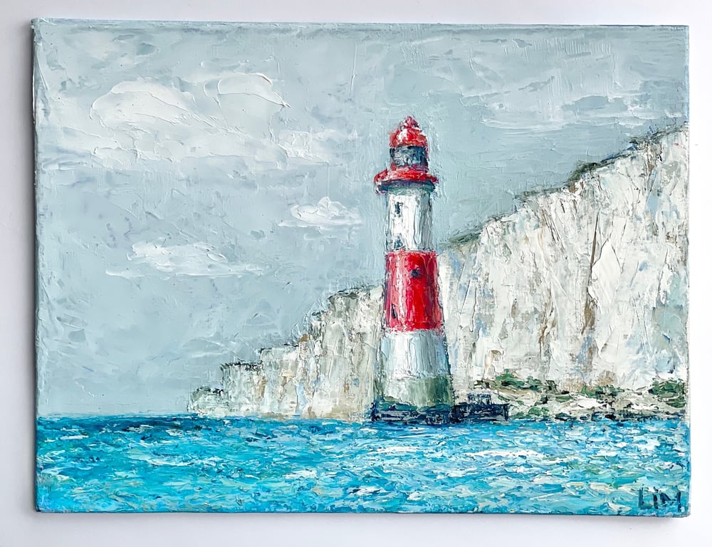 Lighthouse Painting Seven Sisters Original Art English Countryside Impasto Artwo