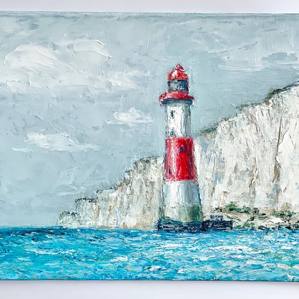 Lighthouse Painting Seven Sisters Original Art English Countryside Impasto Artwo