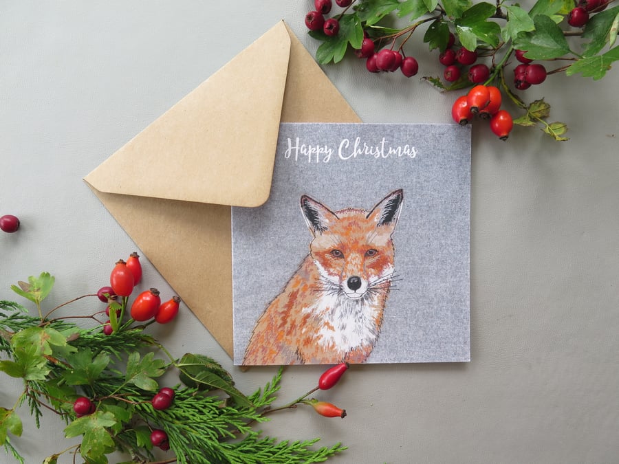 Fox Christmas card, printed on recycled card, blank