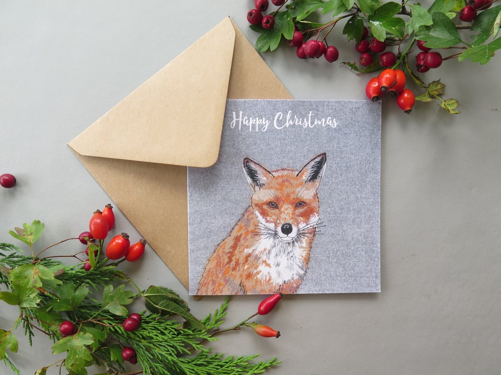 Fox Christmas card, printed on recycled card, blank