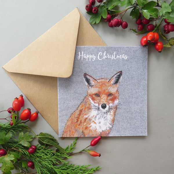 Fox Christmas card, printed on recycled card, blank