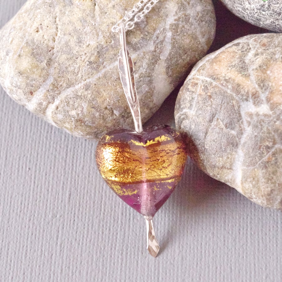 Cupid's Arrow Amethyst Gold Band Murano Heart and Arrow Sterling Silver Necklace
