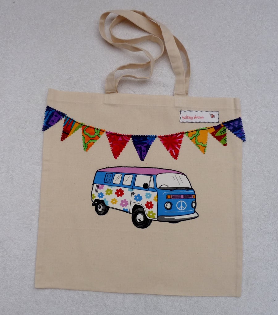 Blue flower Applique VW Camper Van and Bunting Cotton Canvas Bag with Handles