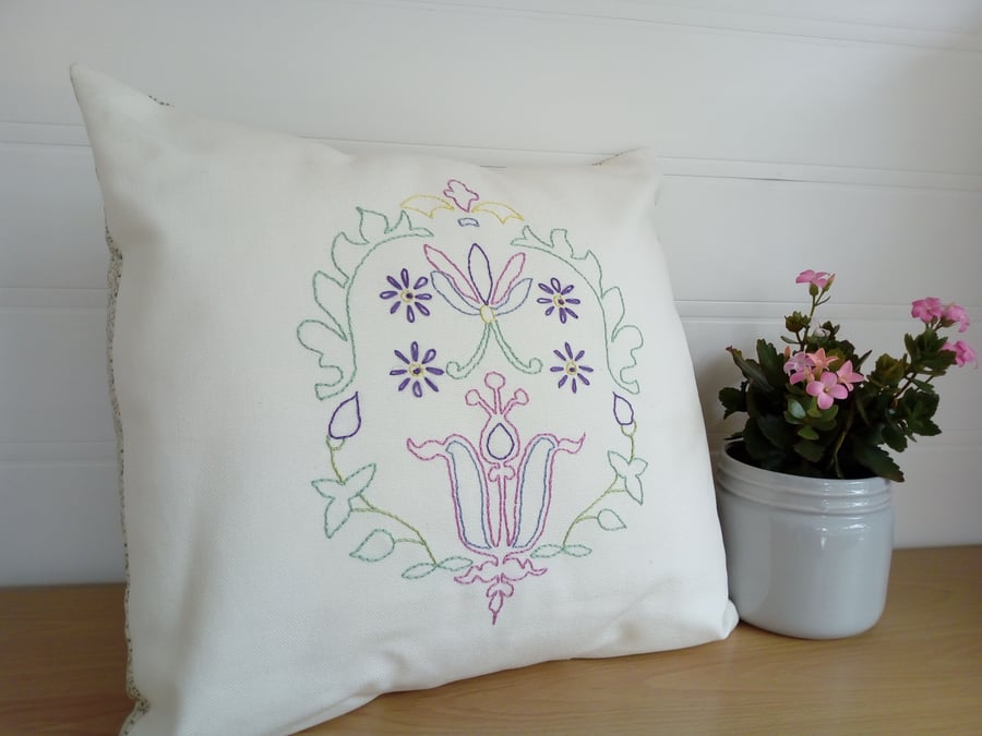 Embroidered Cushion Cover, Hand Embroidered, Abstract Floral Design, 
