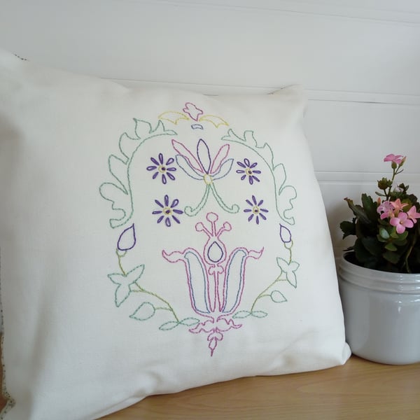 Embroidered Cushion Cover, Hand Embroidered, Abstract Floral Design, 