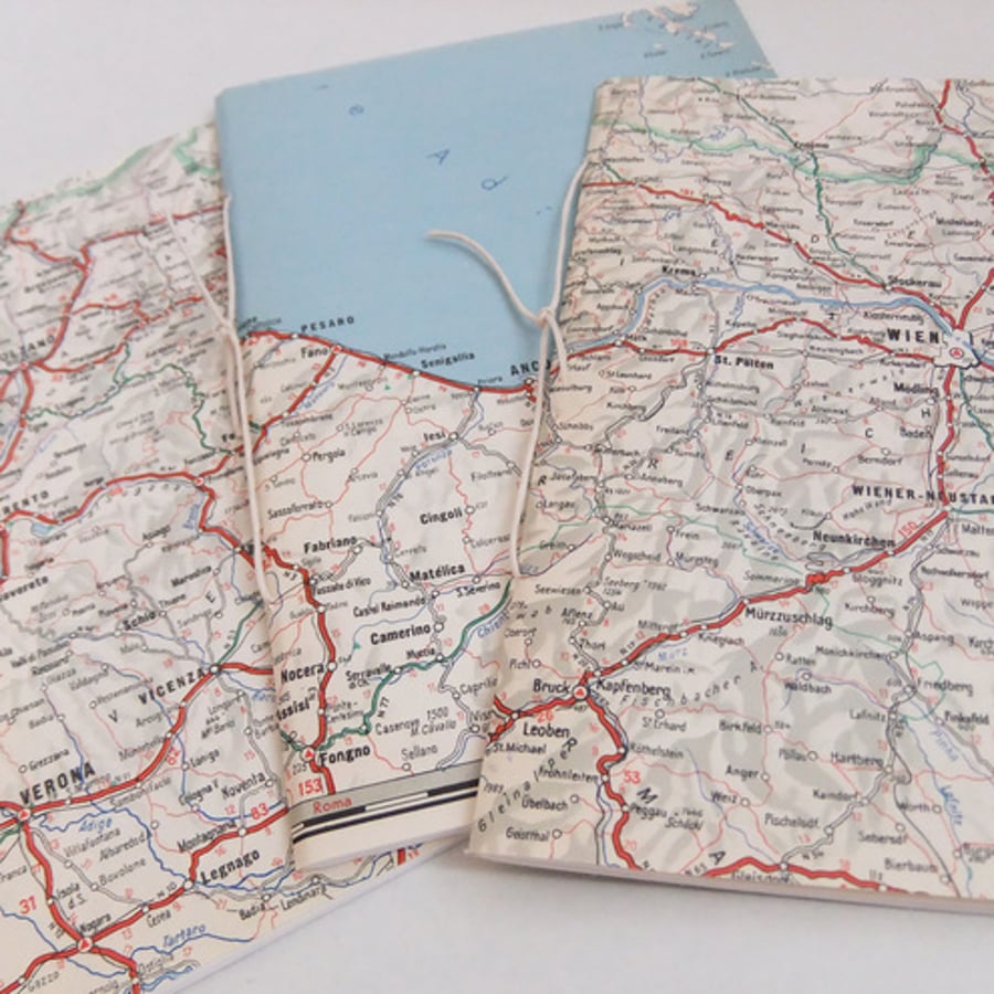 Set of 3 hand-sewn notebooks / journals made from 1970s Map of Central Europe