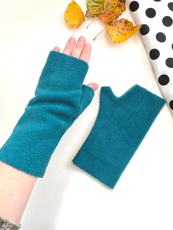 S M Teal blue fingerless wrist warmer gloves Warm texting gloves Fleece mittens